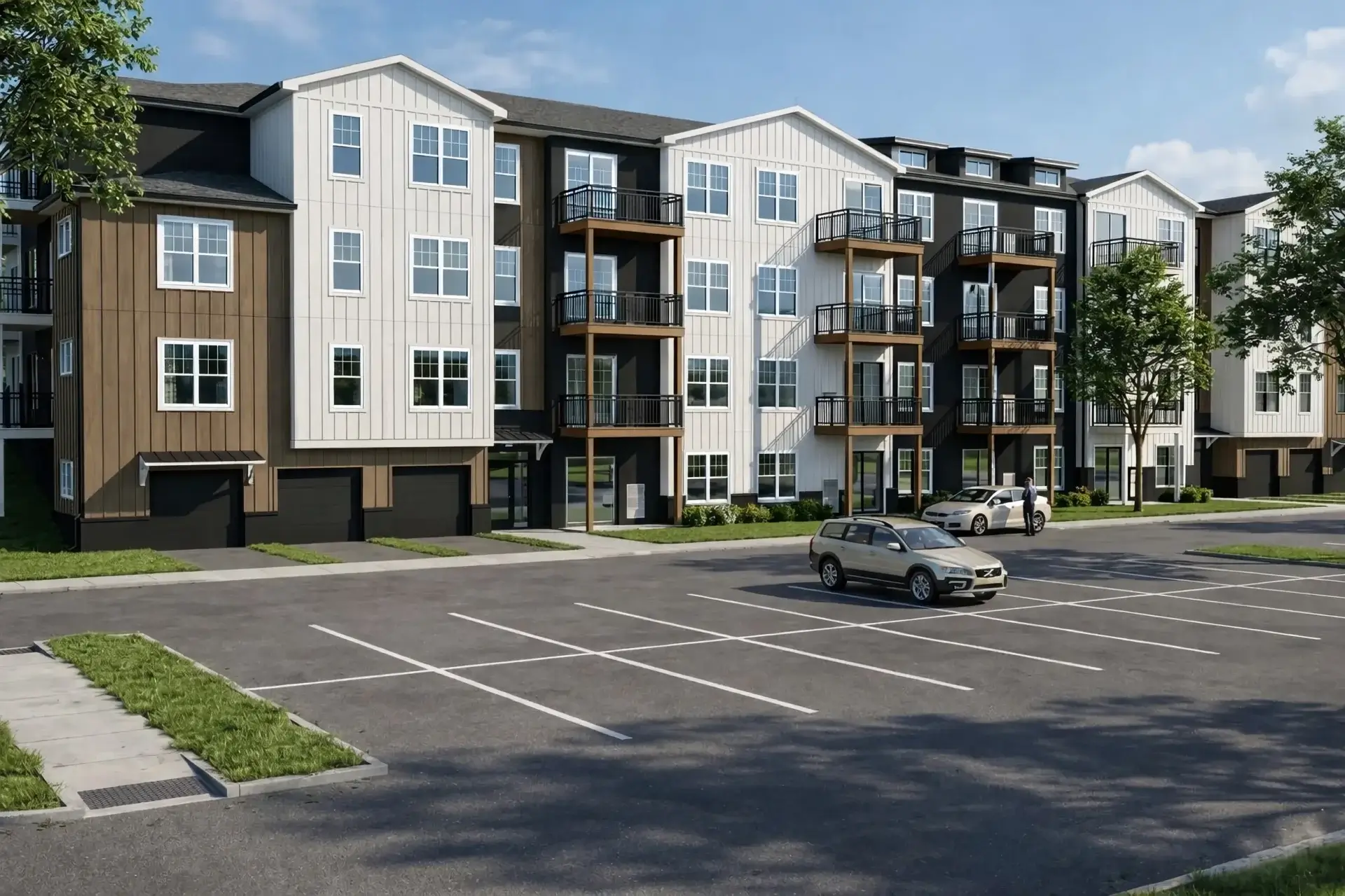 Rendering of Legacy at Bristol apartment buildings with private balconies and resident parking in Bristol, Wisconsin