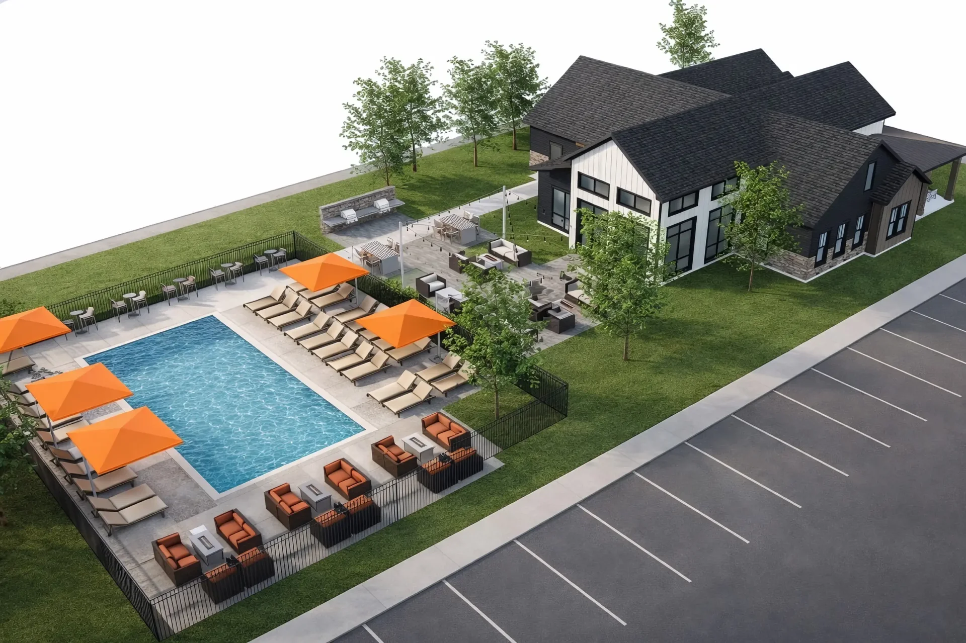 Aerial rendering of the pool, outdoor lounge areas and community building at Legacy at Bristol in Bristol, WI